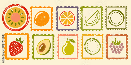 Collection of hand drawn fruit illustrations in colorful postage stamp frames on a cream background