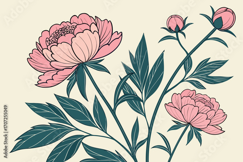 Peony wallpaper with lush pink blossoms on vintage background. Elegant mural with retro details. Abstract botanical illustration for art prints.