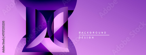 Abstract purple design features layered geometric shapes. Gradient hues create depth, modern aesthetic. Minimalist text complements composition.