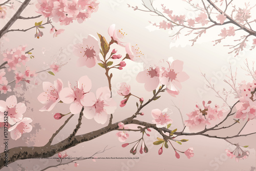 Cherry blossom wallpaper with soft pink blooms on textured background. Romantic mural with tree branches. Abstract botanical illustration for prints.