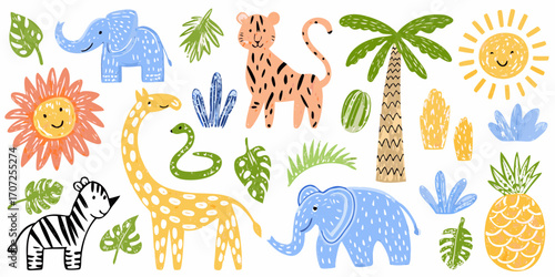 Cute cartoon jungle animals and tropical plants in a playful hand drawn style