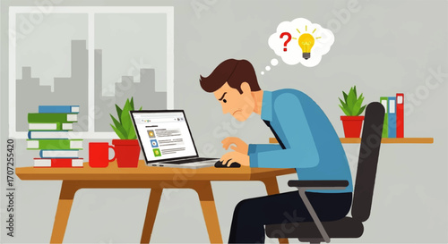 Thinking Moment: A person is concentrating, contemplating while sitting at a desk in front of a laptop computer.