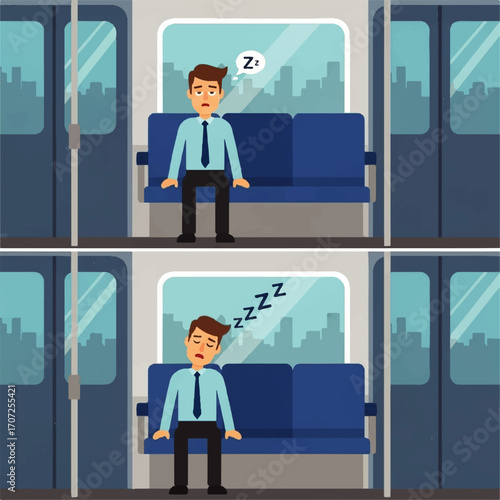 Tired Commuter Sleeping on Train: Illustration captures the fatigue and daily struggle of a commuter drifting off to sleep while riding the subway.