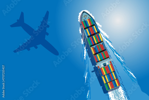 Cargo ship and airplane shadow—trade, motion, and connection.