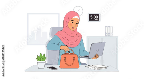 Time to go home: An illustration captures a working woman wearing a headscarf packing her belongings at the end of the day, with a laptop, file and clock indicating the end of the workday. 