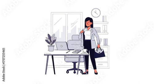 Prepared for the Day: A professional woman stands confidently in her modern office setting, ready to face the day. The artwork captures a sense of anticipation and productivity.
