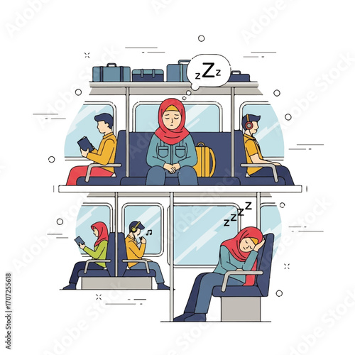 Metro Commute: Illustration of people in metro, including a woman with hijab sleeping on her seat, surrounded by passengers.