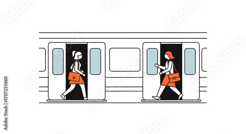 Subway Entrance: An abstract illustration depicts two people entering and exiting a subway car, a symbol of daily transit and the constant flow of urban life. 