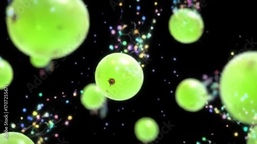 Green spheres floating in space with colorful particles, abstract background.