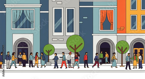 Illustration of people walking on a city street with colorful buildings.
