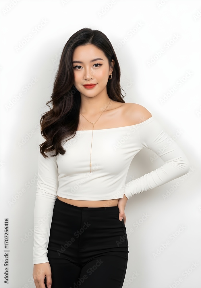 Fototapeta premium Young Woman in Off-the-Shoulder Top and Black Pants.