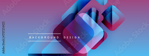 Abstract geometric shapes overlap, creating vibrant blue, purple gradients. Modern design elements suggest technology, innovation. Background features text labels.