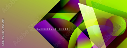 Abstract geometric shapes overlap, creating vibrant color gradients. Design features purple, green, yellow hues. Modern aesthetic.