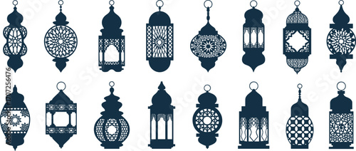Traditional Islamic lantern silhouettes collection for Ramadan, Eid, or festive decoration, perfect for design, invitations, and cultural or religious themed projects.Traditional Islamic