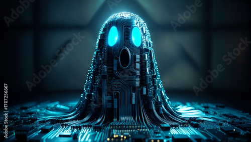 Glowing blue circuit ghost emerges in the dark on Halloween, illuminating technology and mystery