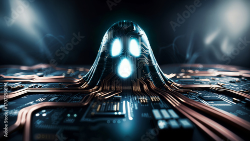 Cyber circuit ghost surrounded by dark smoke in a mysterious digital landscape