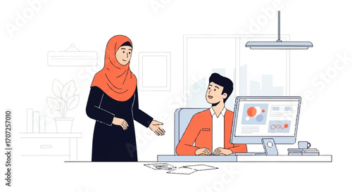 Illustration of a woman in hijab talking to a man at a desk.