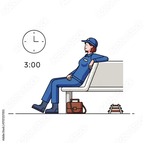 Woman in uniform sitting on a bench at a train station.