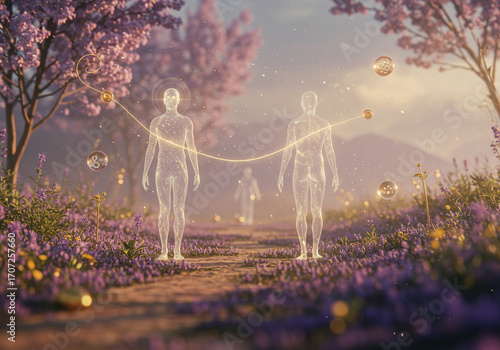 ethereal connection two figures linked in a mystical spring landscape