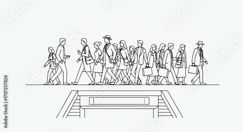 Line drawing of a crowd of people walking above a subway entrance.