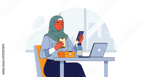 Illustration of a woman in hijab eating lunch at her desk while looking at her phone.