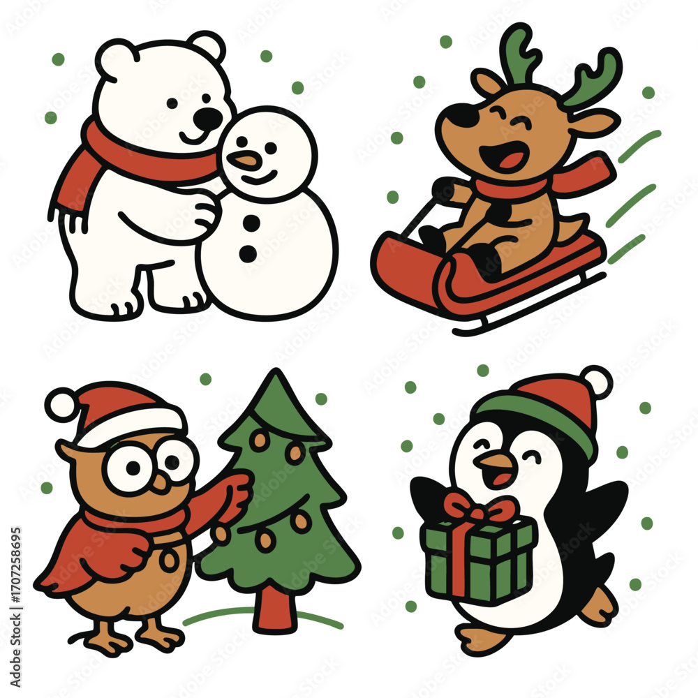 Naklejka premium Polar bear snowman reindeer sled owl Christmas tree penguin present festive winter