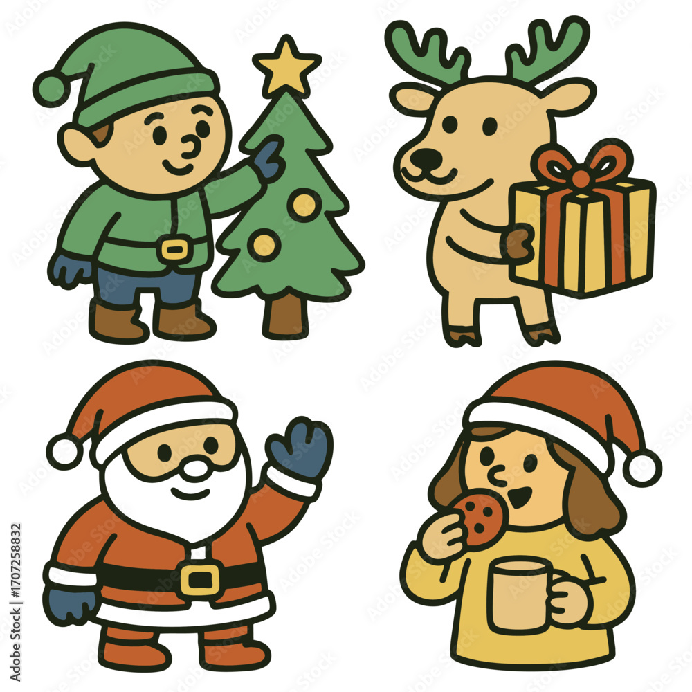 Fototapeta premium Christmas character tree reindeer Santa girl cookie mug festive cartoon happy