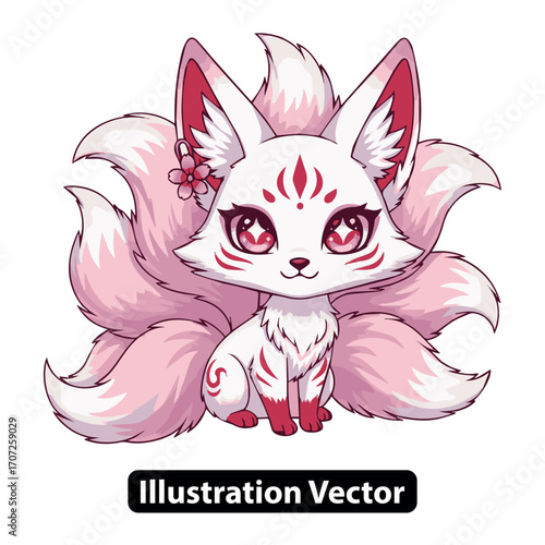 Adorable white and pink nine-tailed Kitsune fox from Japanese mythology, a cute mythical creature illustration