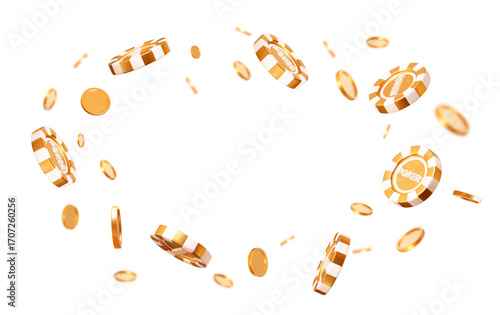 3d flying golden casino poker chips and coins with different angles. Gold and white chips for betting and gambling games. Stock vector illustration on isolated background.	