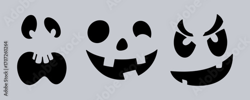Set of simple, spooky carved pumpkin faces, perfect for stencils or Halloween decor.