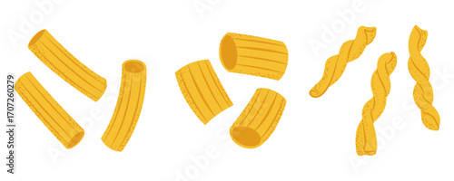 Set of various pasta shapes, ideal for cooking blogs, restaurant menus, or food packaging.