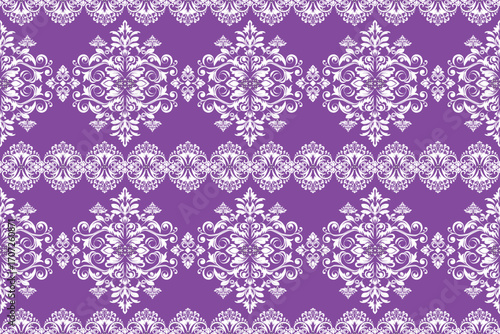 Elegant Damask Seamless Pattern in Purple and White: A luxurious vintage ornate wallpaper design, ideal for fabric, packaging, and interior decor.
