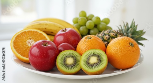 A fruit platter with oranges apples bananas kiwi grapes and pineapple
