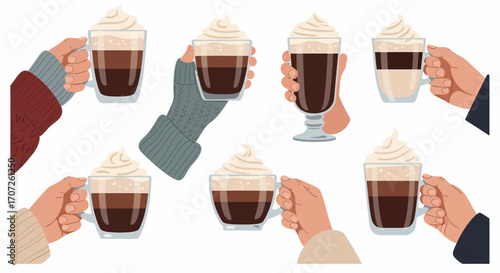 Collection of Hands Holding Coffee Drinks with Whipped Cream.