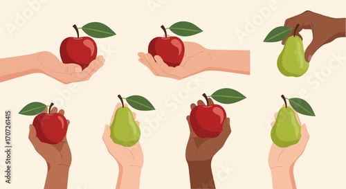 Diverse Hands Holding Apples and Pears Fruits.