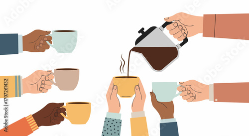 Diverse Hands Holding Coffee Cups Pouring Coffee.