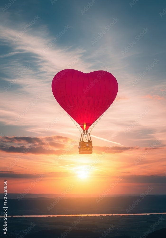 Fototapeta premium Romantic heart hot air balloon soars over sunset landscape