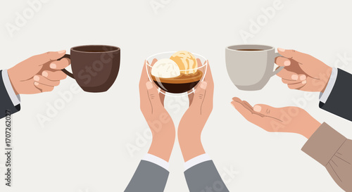 Hands holding coffee cups and an affogato dessert.