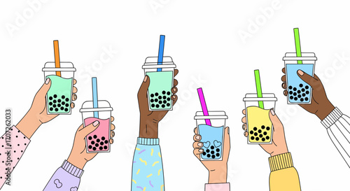 Hands Holding Colorful Bubble Tea Drinks with Straws and Tapioca Pearls.