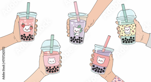 Hands Holding Cute Bubble Tea Drinks with Cartoon Animal Designs.
