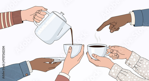 Hands Pouring and Holding Coffee Cups Illustration.
