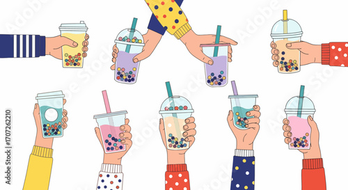 Illustration of multiple hands in patterned sweaters holding colorful bubble tea drinks.