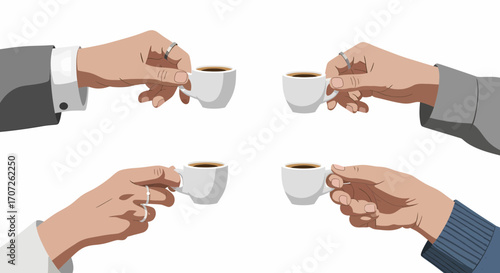 Multiple hands holding small white coffee cups a business or social gathering.