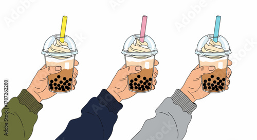 Three hands holding bubble tea drinks with colorful straws.