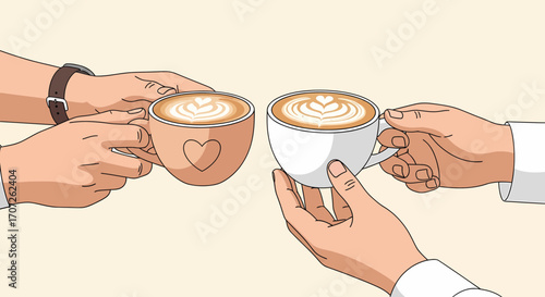Two people holding cups of cappuccino with heartshaped latte art during a coffee meeting.