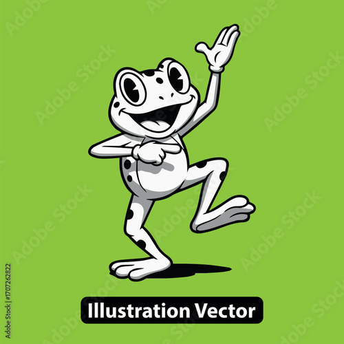 Energetic black and white frog mascot doing a fun dance move, cartoon vector graphic