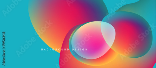 Abstract vibrant design features overlapping colorful circles. Gradient hues blend smoothly creating dynamic visual effect. Modern background.