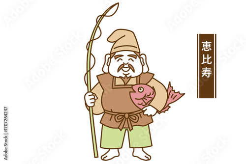 かわいい七福神の線画ベクターイラスト　恵比寿