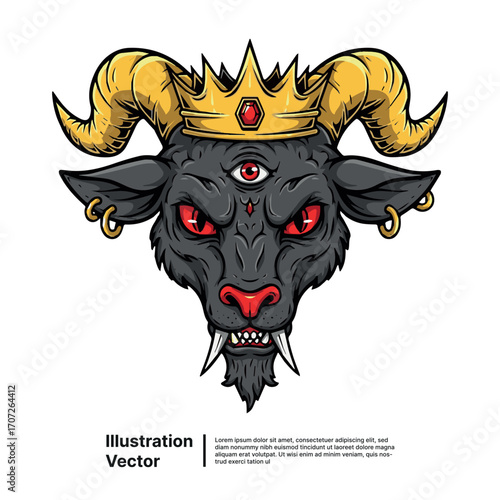 Goat Head With Crown and Third Eye Vector Illustration for Dark Concepts