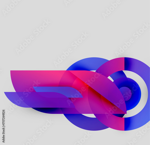 Abstract design features vibrant pinks, purples, blues. Overlapping shapes create dynamic visual effect. Modern, sleek composition.
